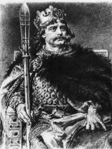 Bolesław Chrobry, pierwszy król Polski. Jan Matejko przedstawił go w koronie,  na tronie, z włócznią św. Maurycego, symbolem władzy cesarskiej, której kopię polski władca otrzymał od cesarza Ottona III. Ilustracja z tomu I „Dziejów Polski”.