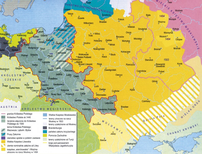 Mapa pokazująca maksymalny zasięg terytorialny państwa polsko-litewskiego na przełomie XV i XVI w.